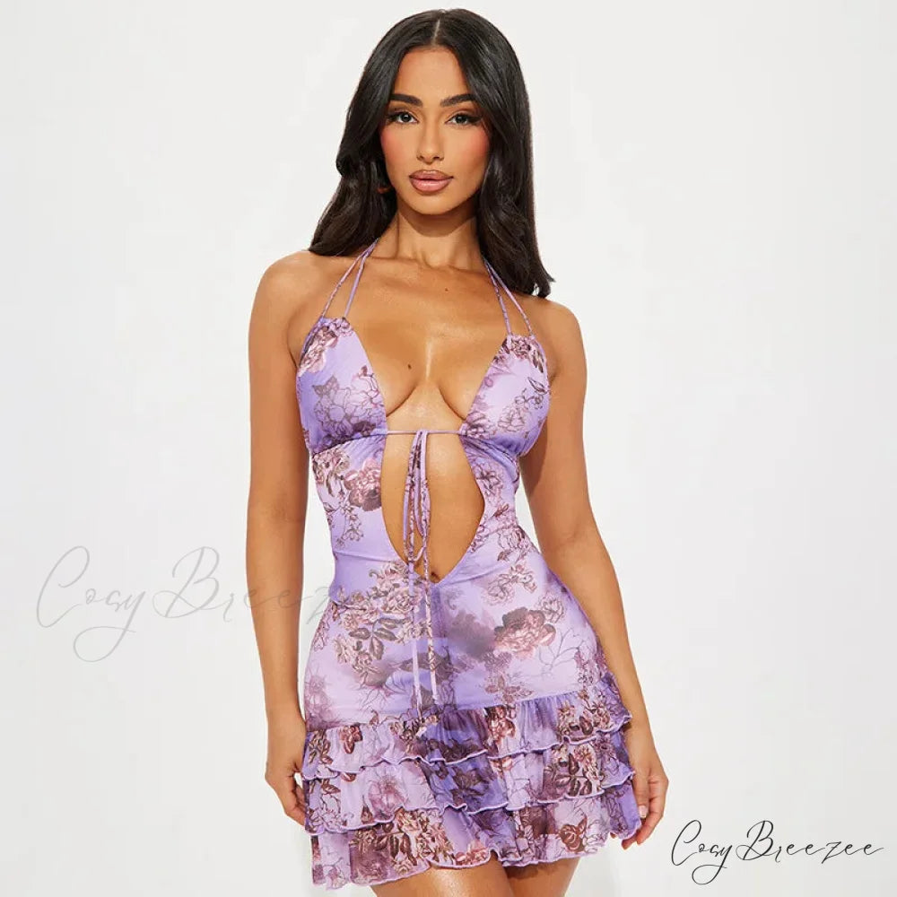 Purple Printed Deep Neck Graceful Frill Mini Strap Dress