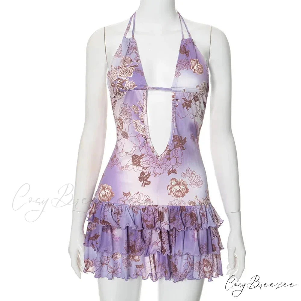 Purple Printed Deep Neck Graceful Frill Mini Strap Dress