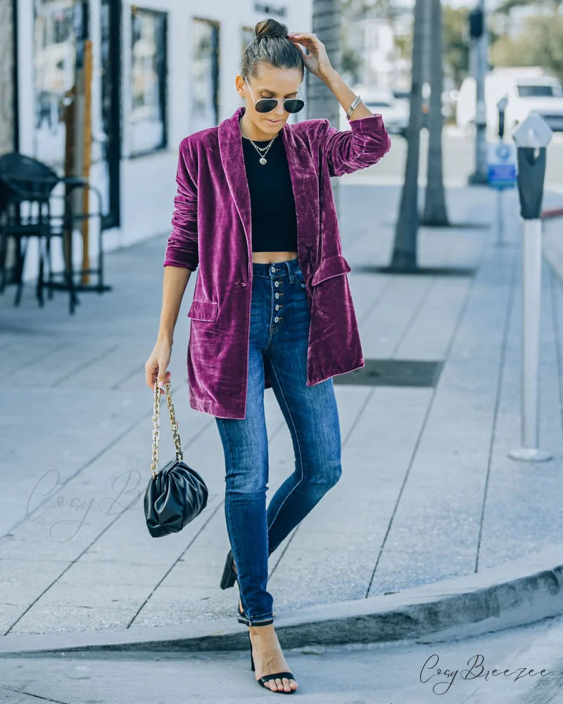 Purple Velvet Blazer with Pockets