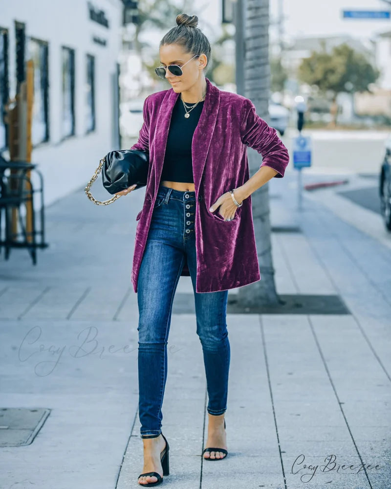 Purple Velvet Blazer with Pockets