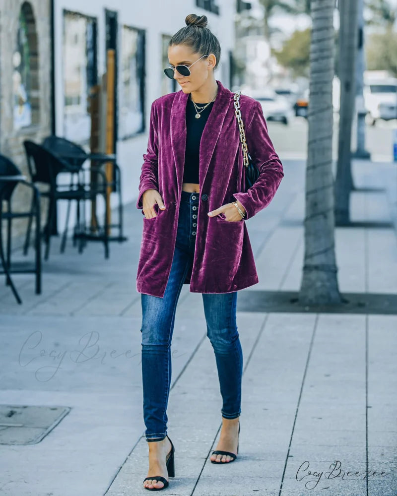 Purple Velvet Blazer with Pockets