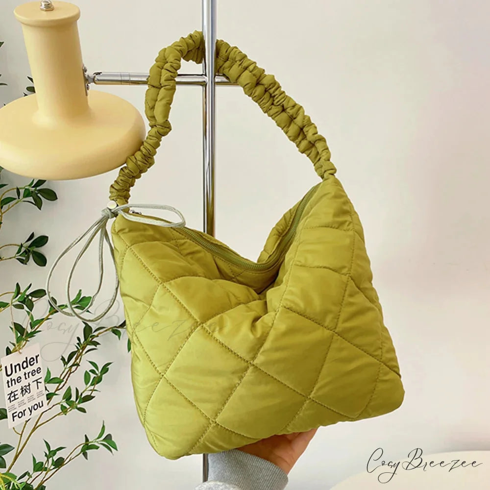 Quilted Puffer Tote Bag Army Green shoulder-250126
