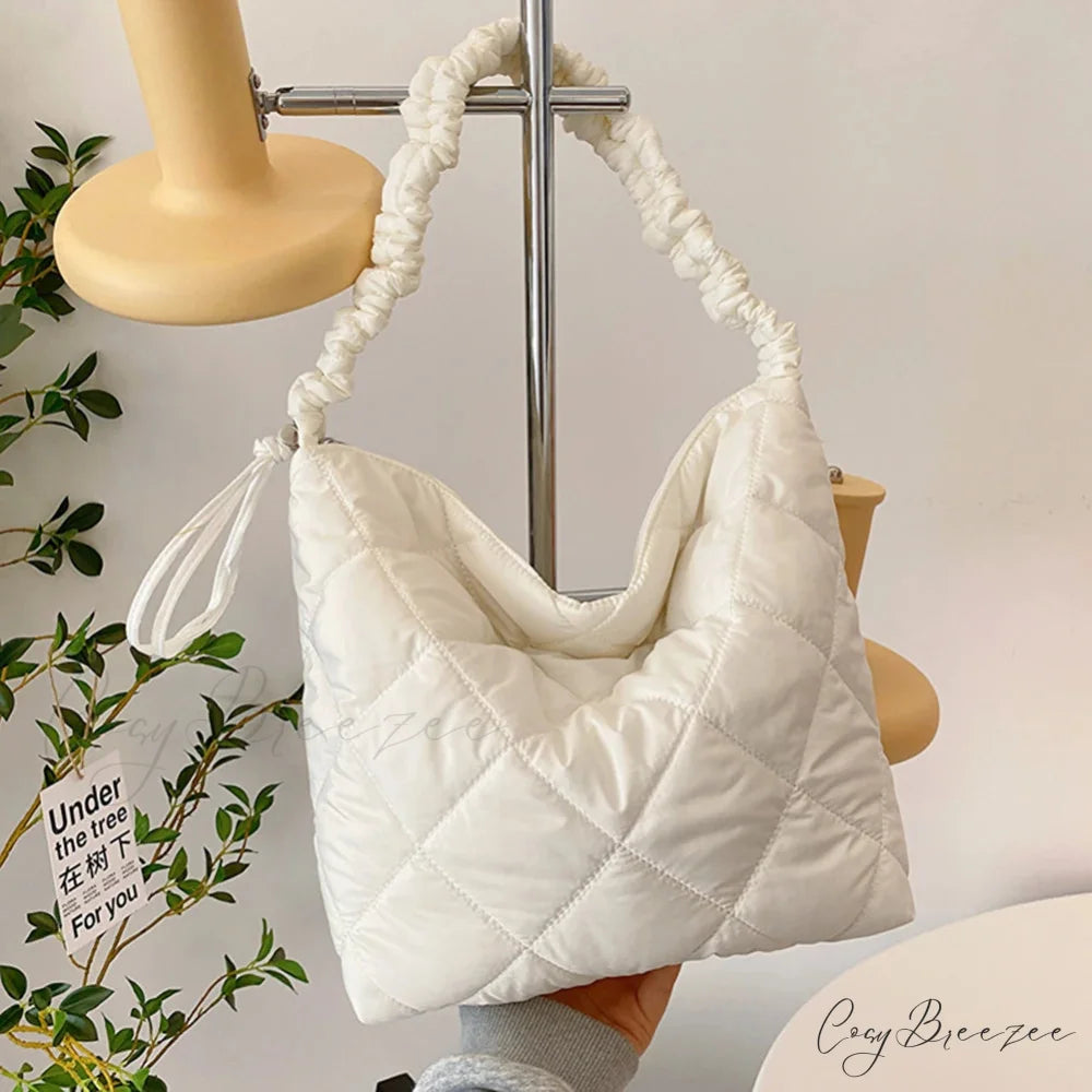 Quilted Puffer Tote Bag Beige shoulder-250126