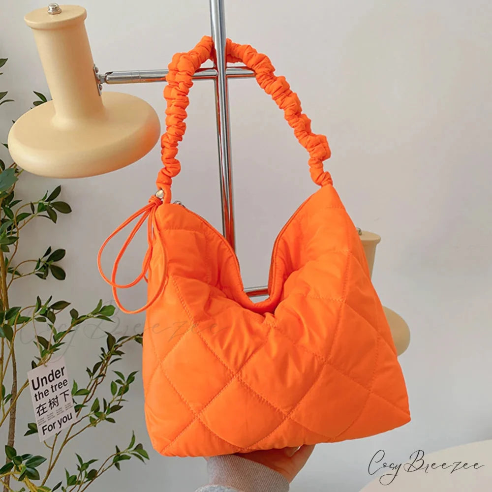 Quilted Puffer Tote Bag Orange shoulder-250126