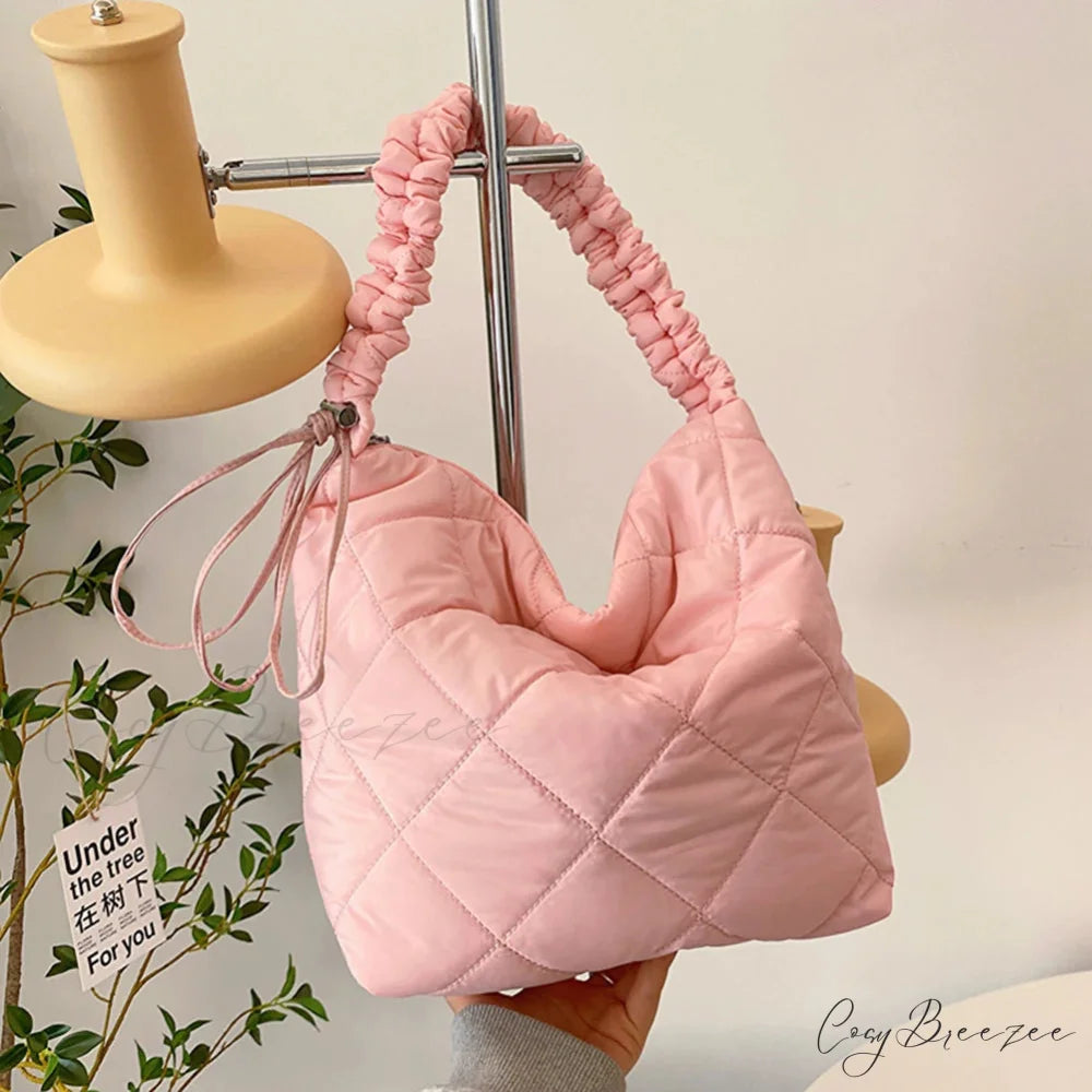 Quilted Puffer Tote Bag Pink shoulder-250126