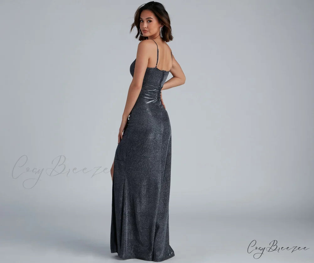 Quinn Formal High Charming Slit Glitter Dress
