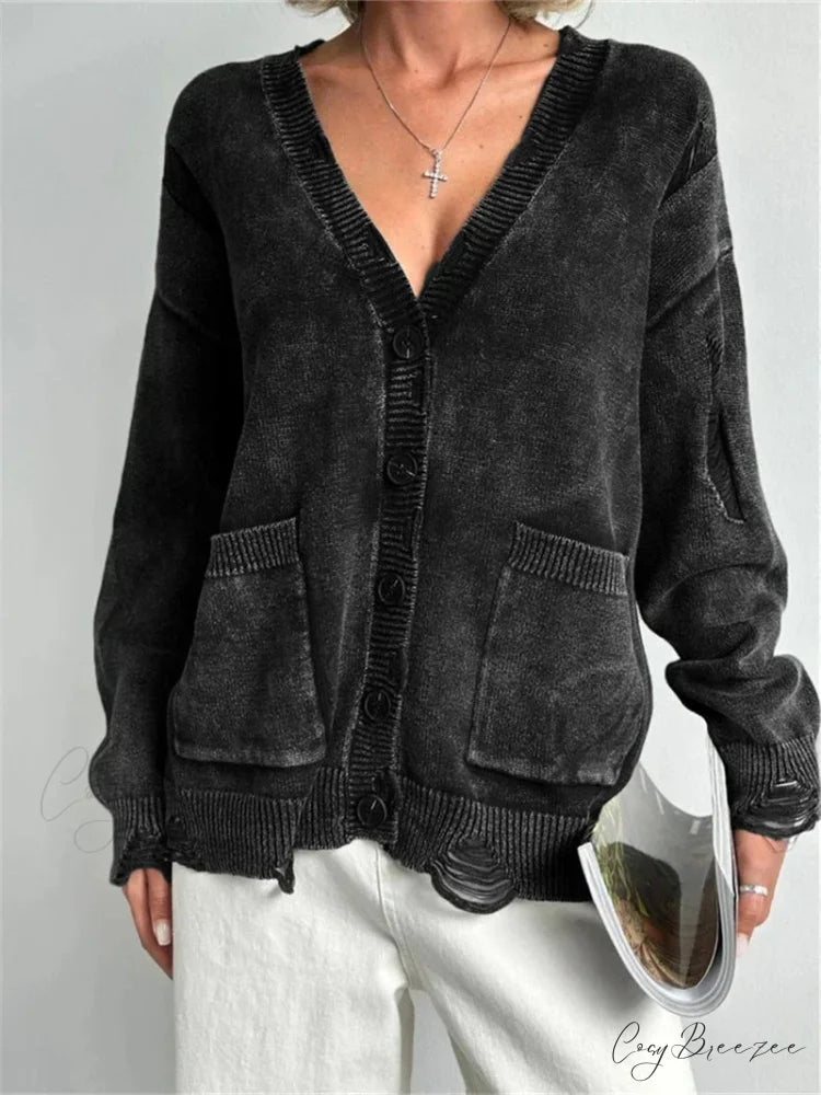 Ragged Button Up Oversized Cardigan Black / S cardigans-241228