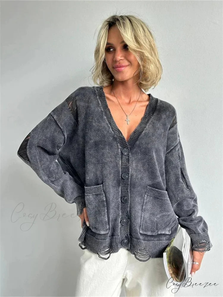 Ragged Button Up Oversized Cardigan GRAY / S cardigans-241228