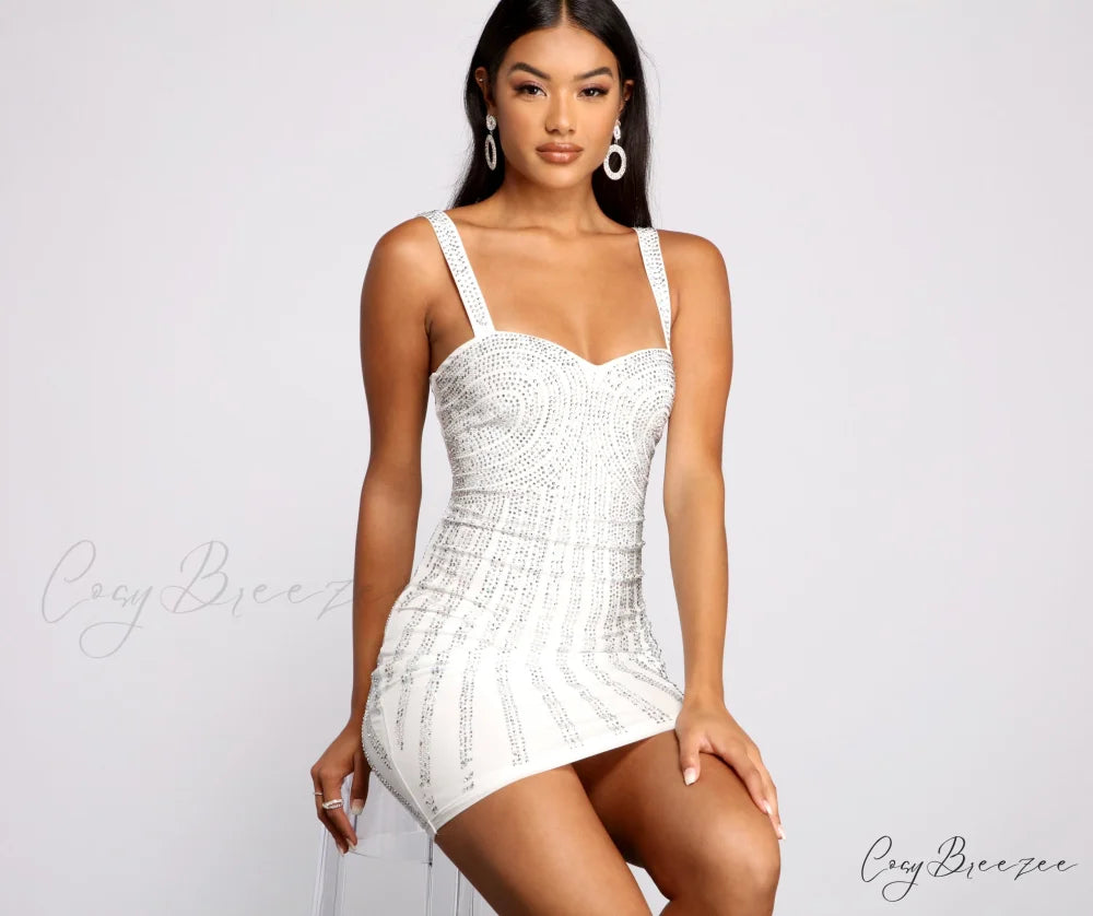 Raina Formal Stylish Heatstone Bodycon Dress WHITE / S