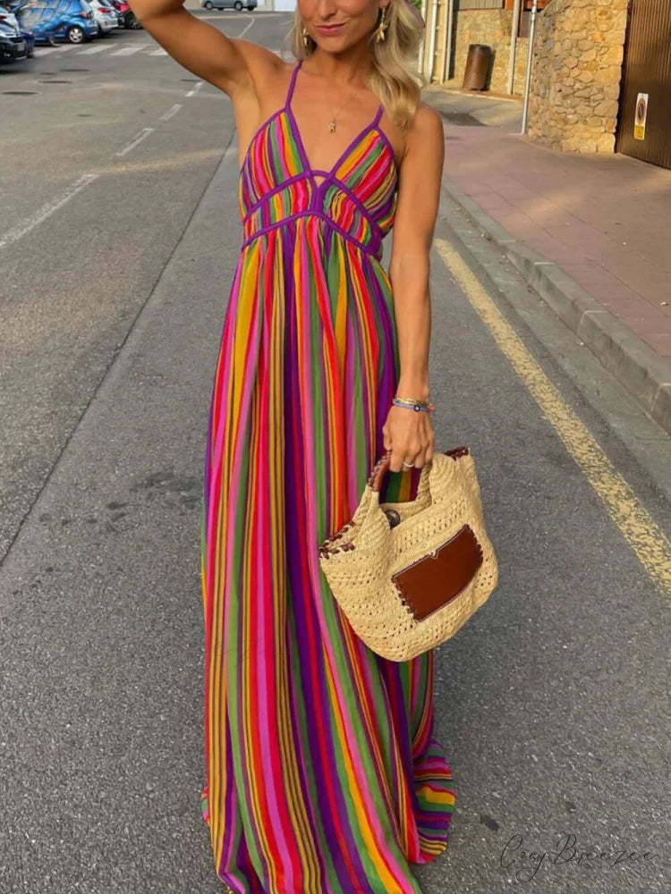Rainbow Stripe Print Charming V-Neck Maxi Dress