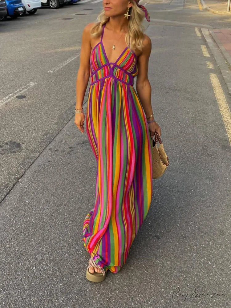 Rainbow Stripe Print Charming V-Neck Maxi Dress Multicolor / S