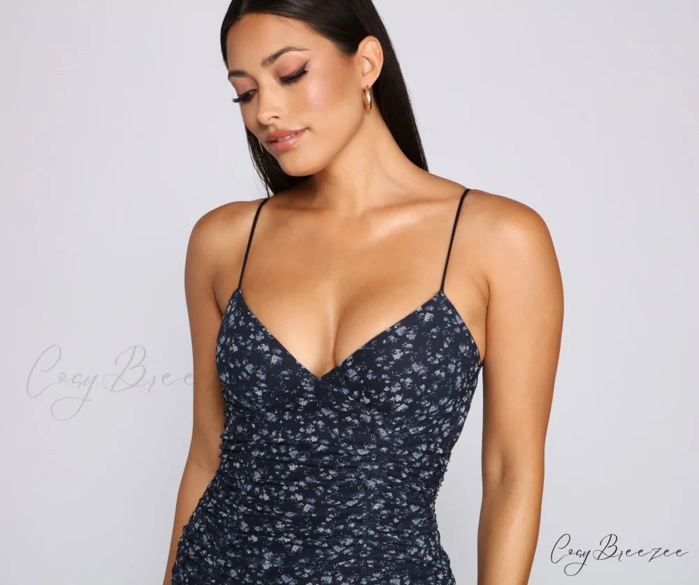 Ravishing Florals Stylish Ruched Mini Dress