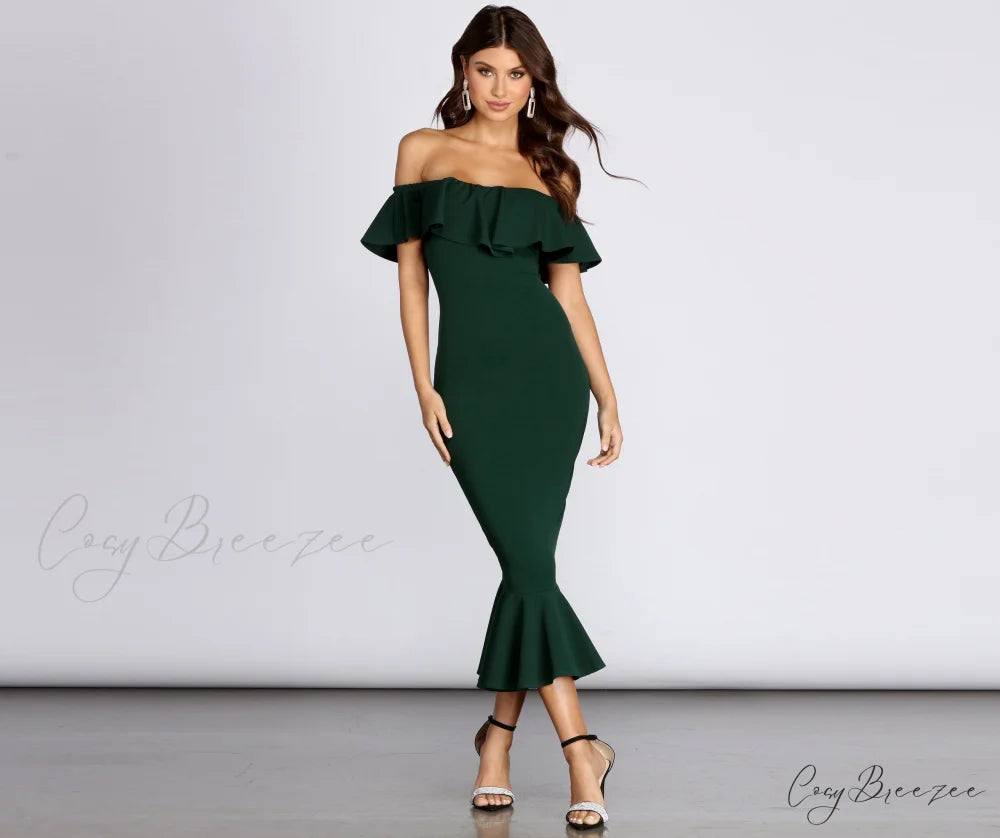 Ready And Stylish Ruffled Midi Dress HUNTER / XS
