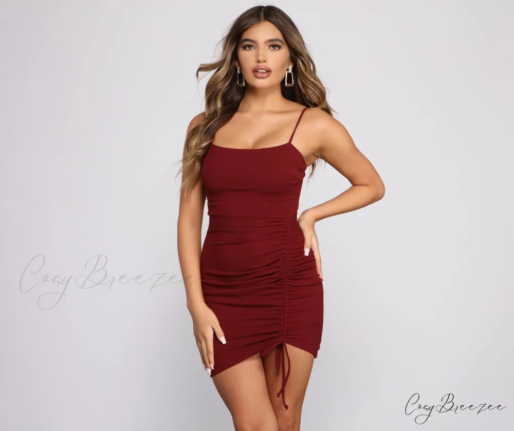 Ready To Stylish Ruche Mini Dress BURGUNDY / XS
