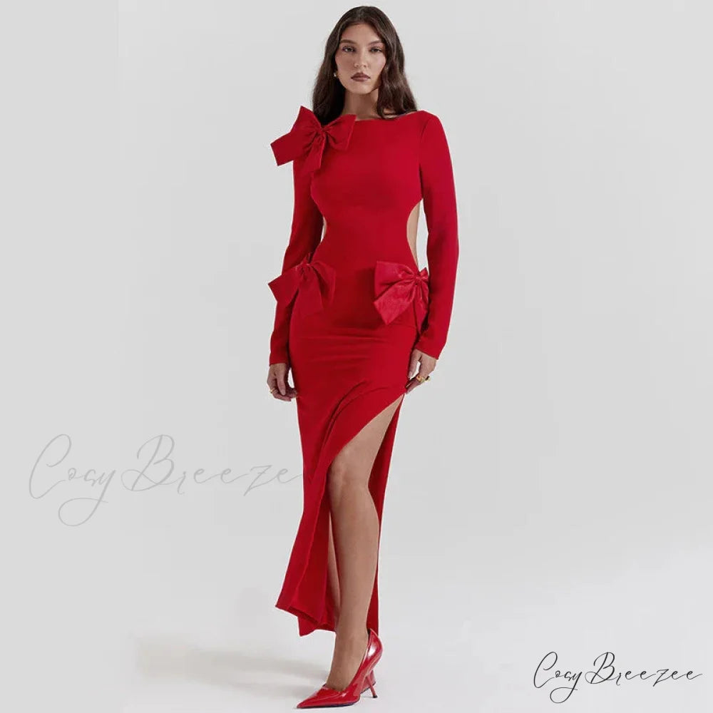 Red Bow Hollow Out Graceful Back Long Sleeve Maxi Dress