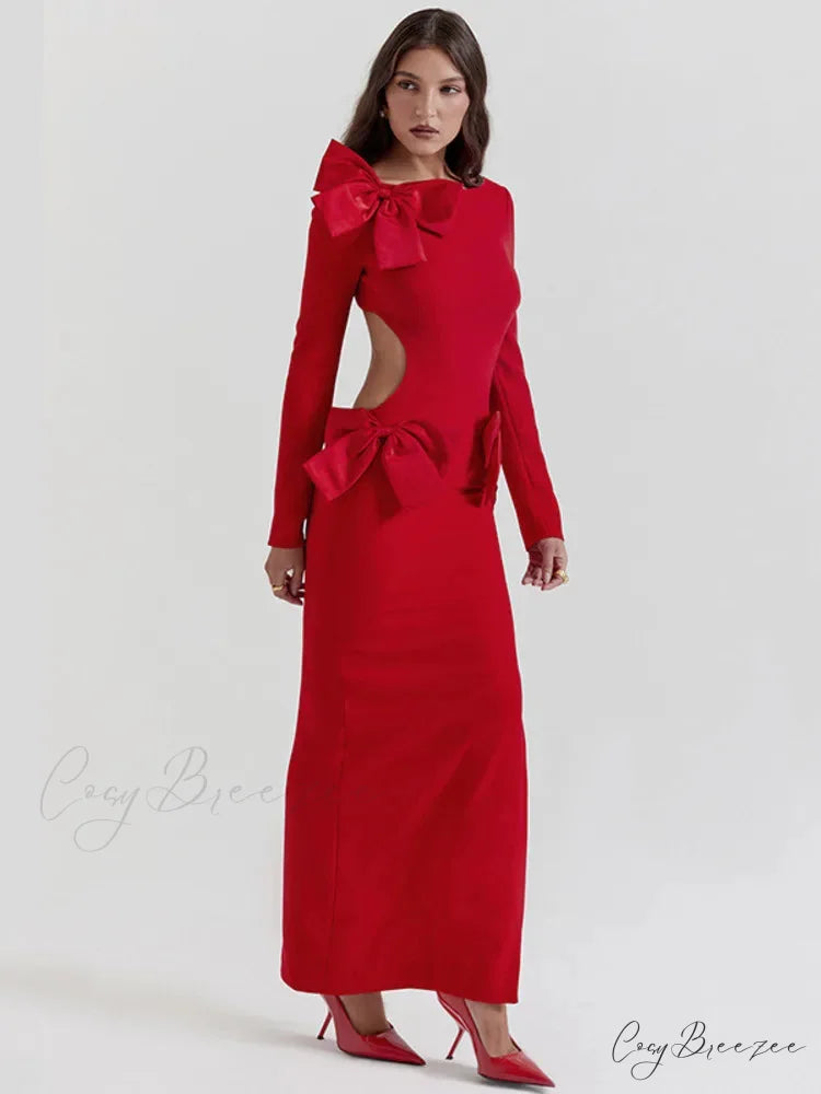 Red Bow Hollow Out Graceful Back Long Sleeve Maxi Dress