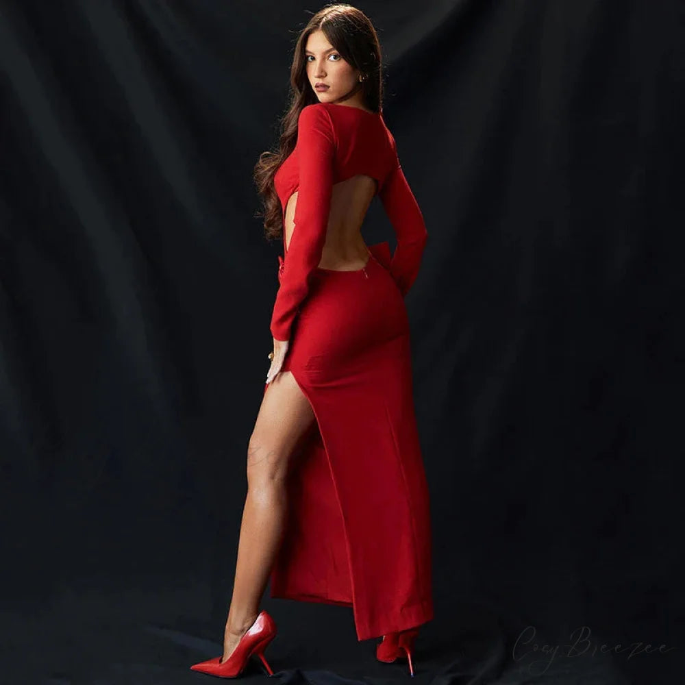 Red Bow Hollow Out Graceful Back Long Sleeve Maxi Dress