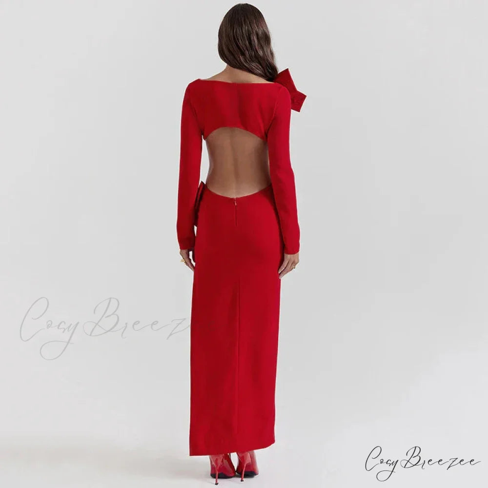 Red Bow Hollow Out Graceful Back Long Sleeve Maxi Dress