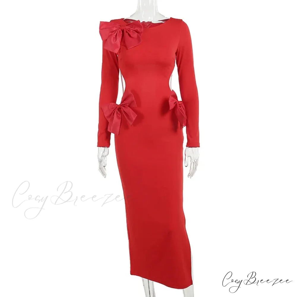 Red Bow Hollow Out Graceful Back Long Sleeve Maxi Dress