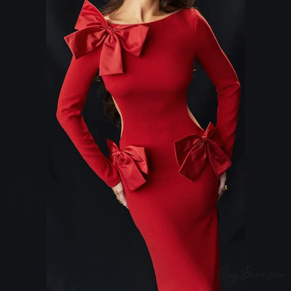 Red Bow Hollow Out Graceful Back Long Sleeve Maxi Dress