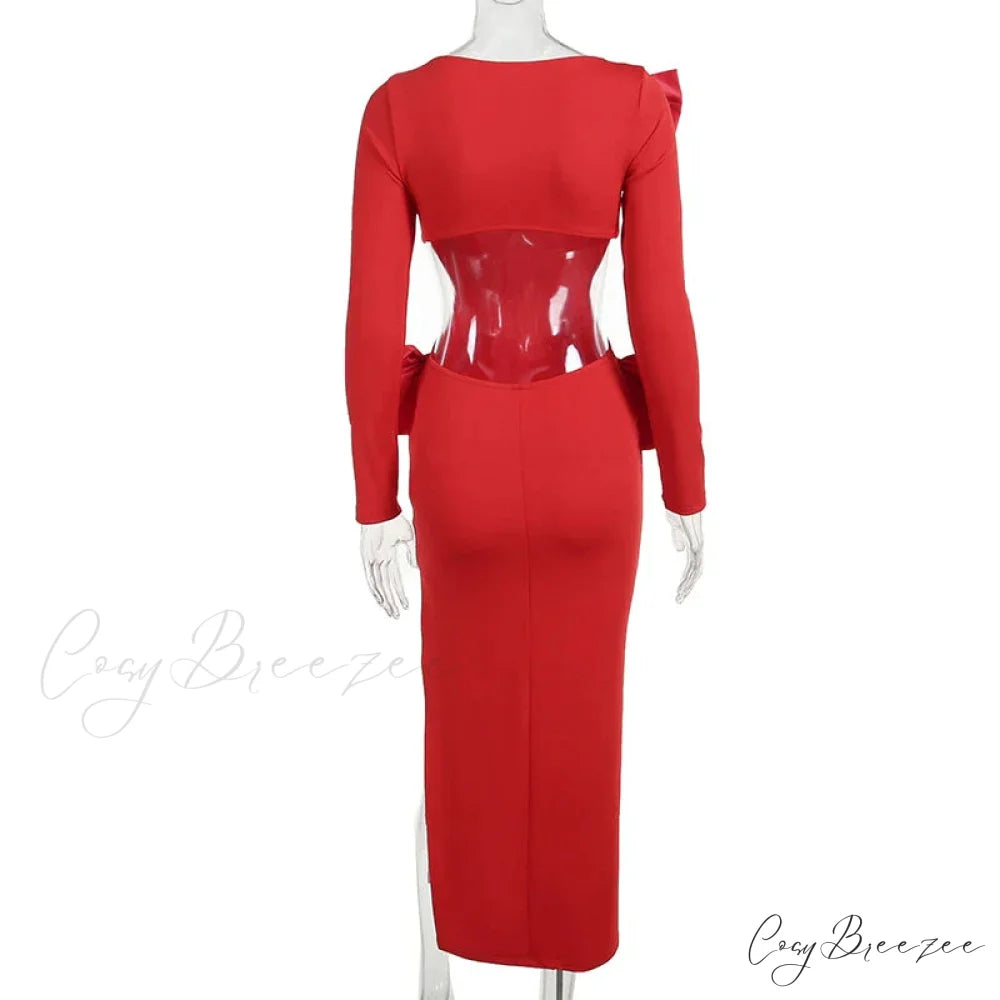 Red Bow Hollow Out Graceful Back Long Sleeve Maxi Dress