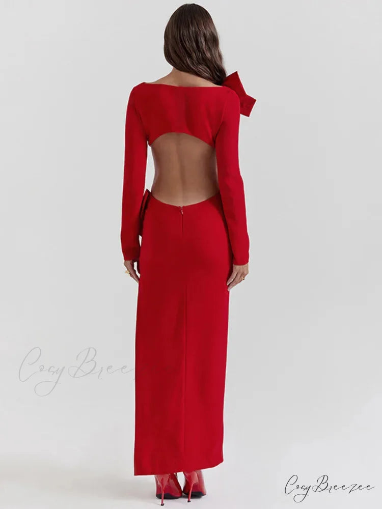 Red Bow Hollow Out Graceful Back Long Sleeve Maxi Dress