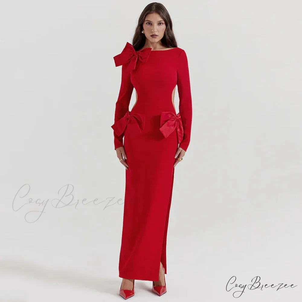 Red Bow Hollow Out Graceful Back Long Sleeve Maxi Dress