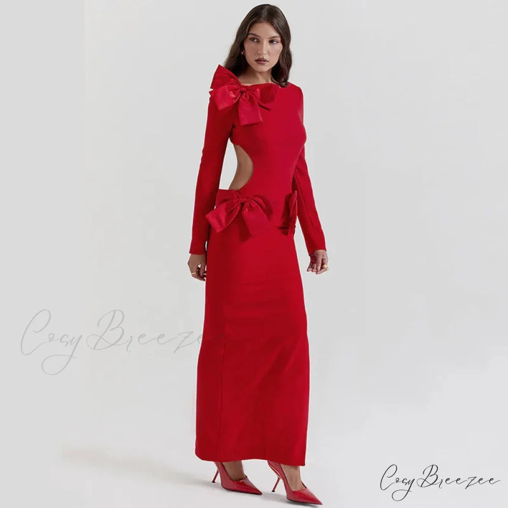 Red Bow Hollow Out Graceful Back Long Sleeve Maxi Dress