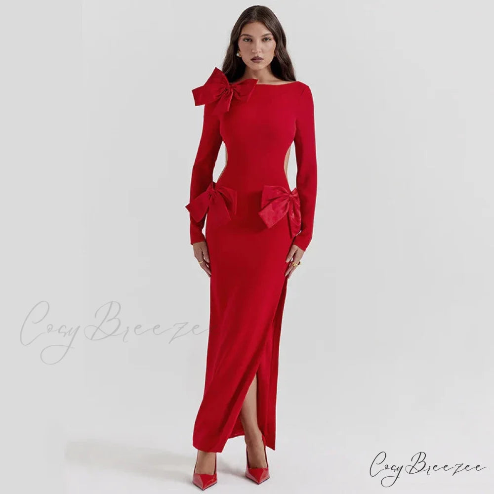 Red Bow Hollow Out Graceful Back Long Sleeve Maxi Dress