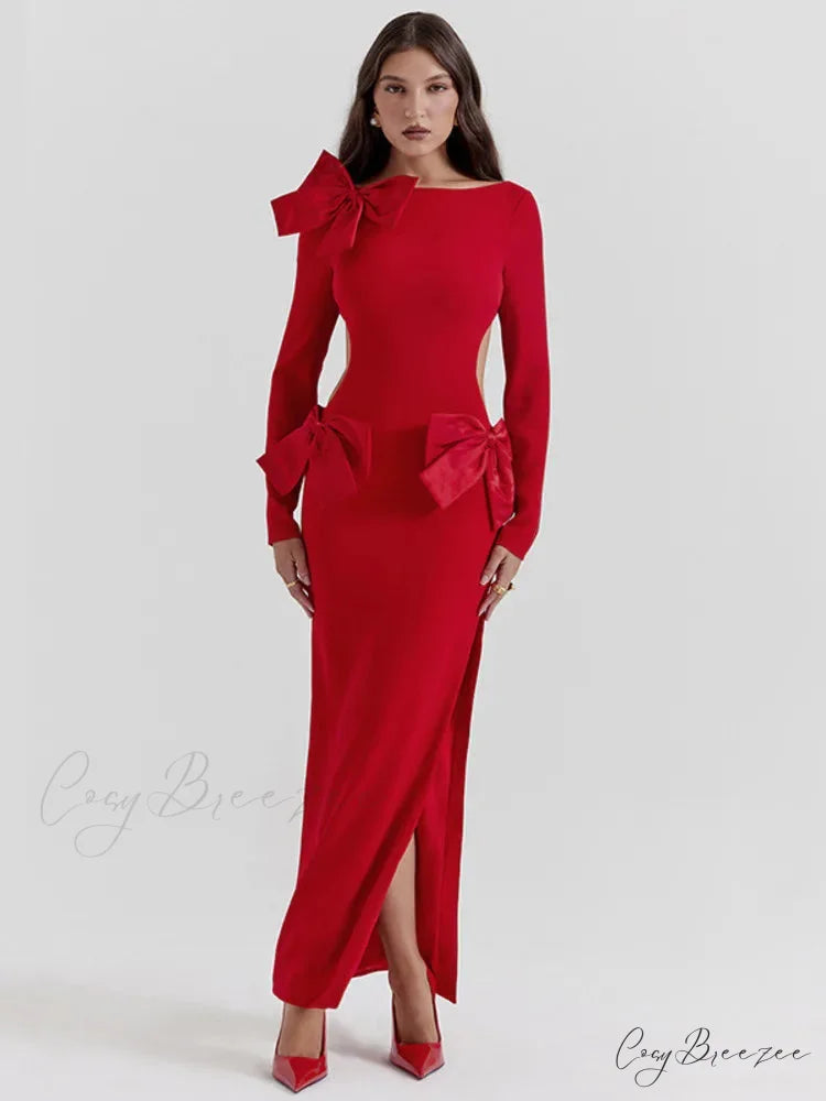 Red Bow Hollow Out Graceful Back Long Sleeve Maxi Dress L / Red