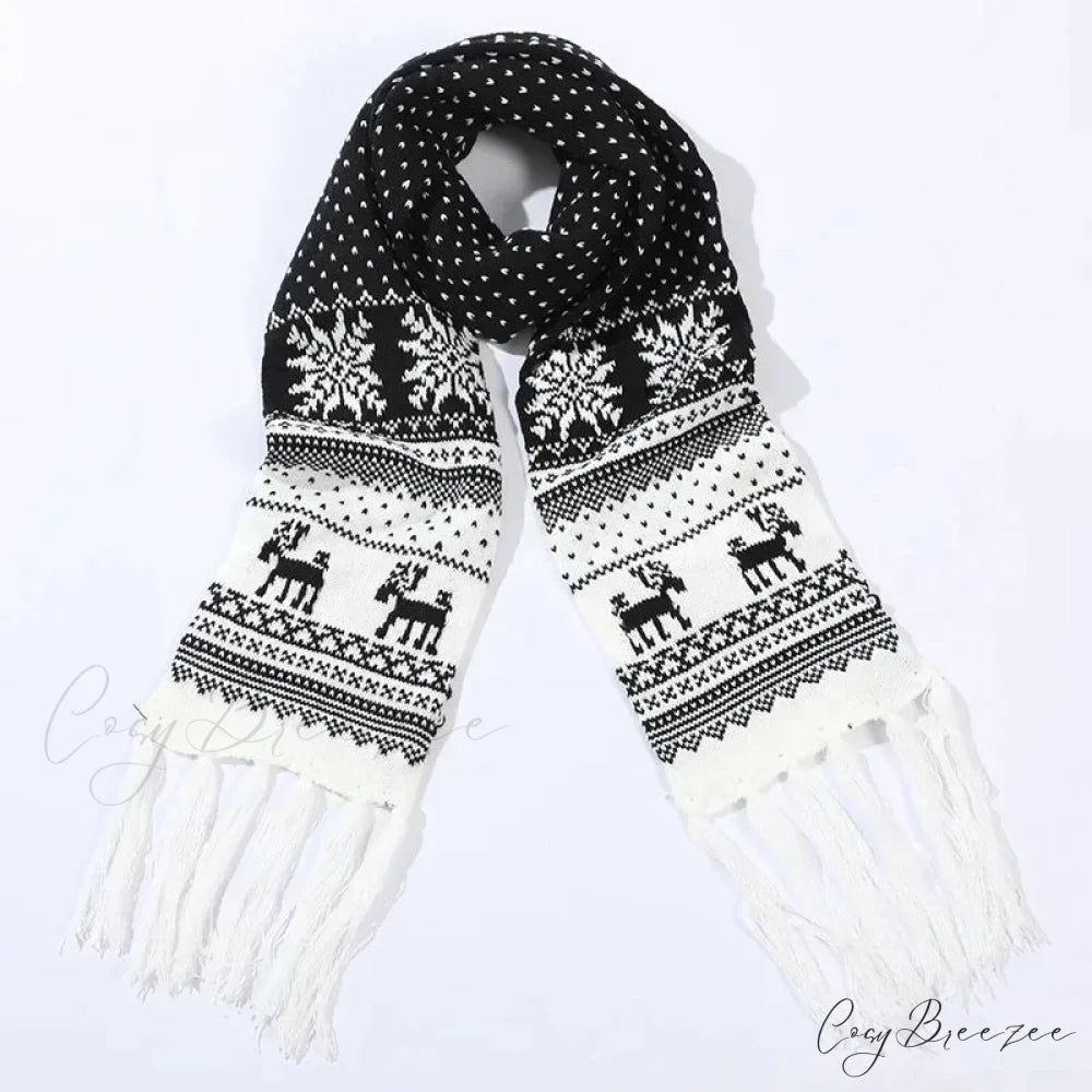 Red Cartoon Reindeer Snowflake Warm Scarf for Christmas Black 2 / 190cm
