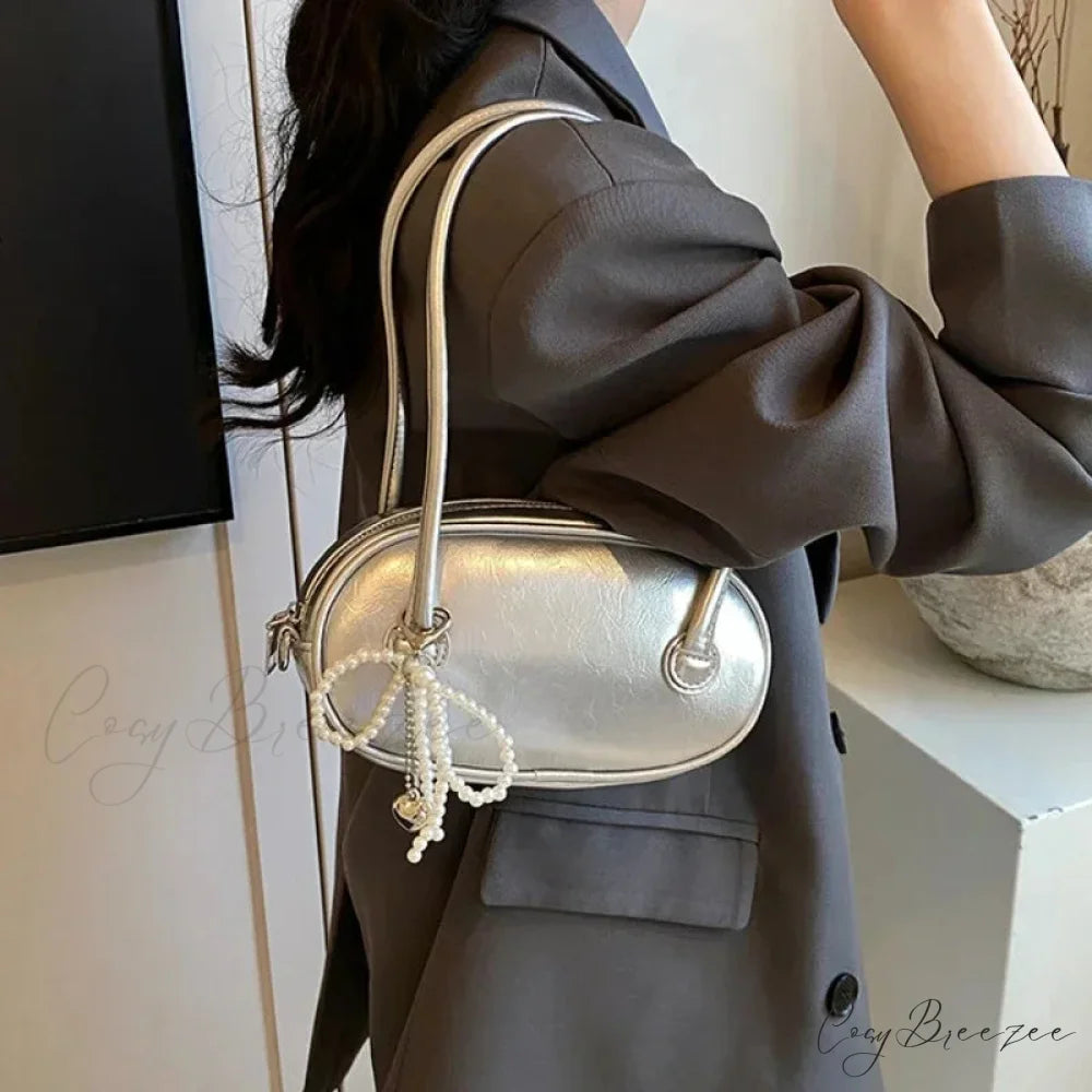 Red Casual Korean Underarm Bag Silver shoulder-250126
