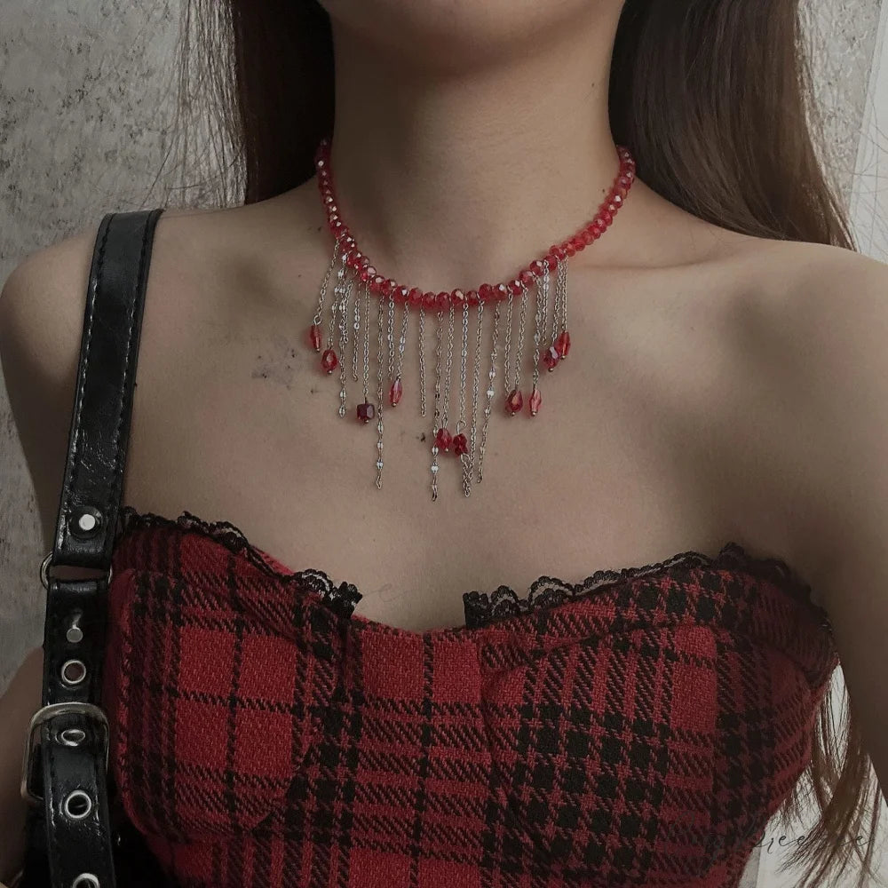 Red Crystal Tassel Unique Aesthetic Necklace RED