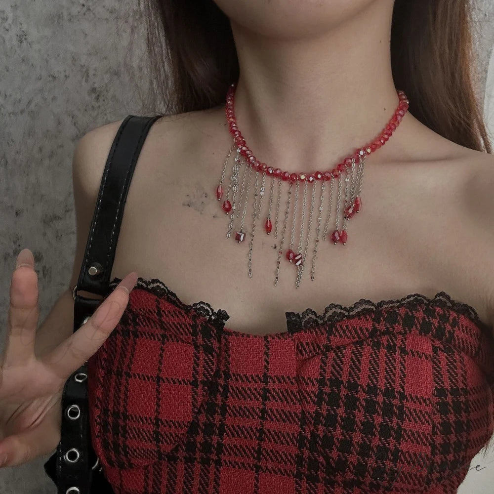 Red Crystal Tassel Unique Aesthetic Necklace RED