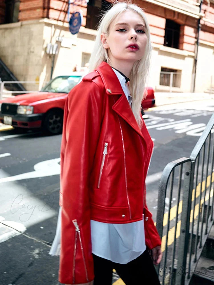 Red Faux PU Leather Motorcycle Coat