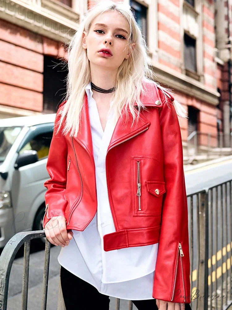 Red Faux PU Leather Motorcycle Coat Red / S