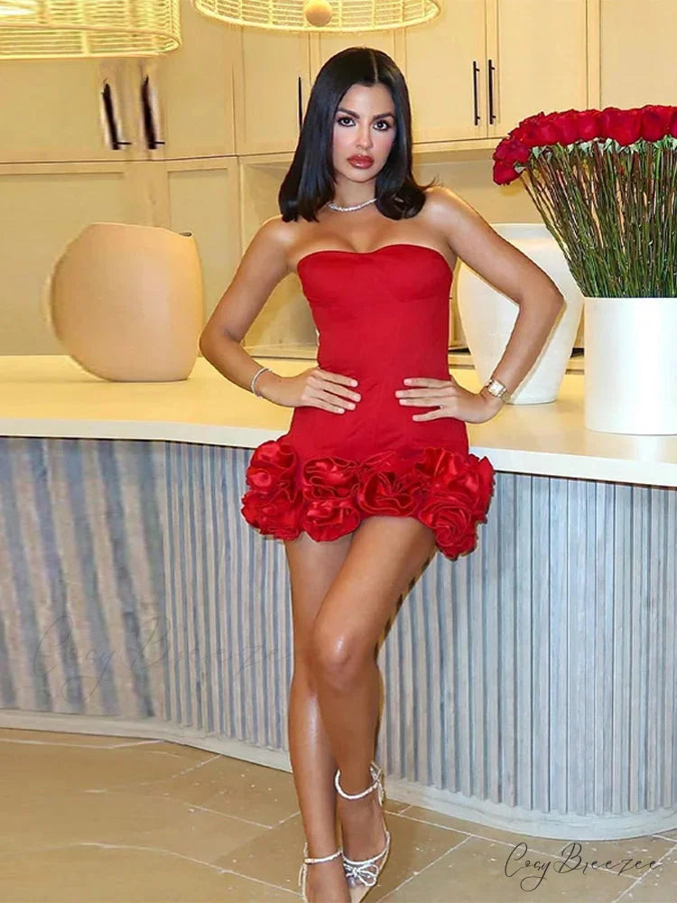 Red Fishbone Bandage 3D Flower Mini Party Dress floraldress-250126