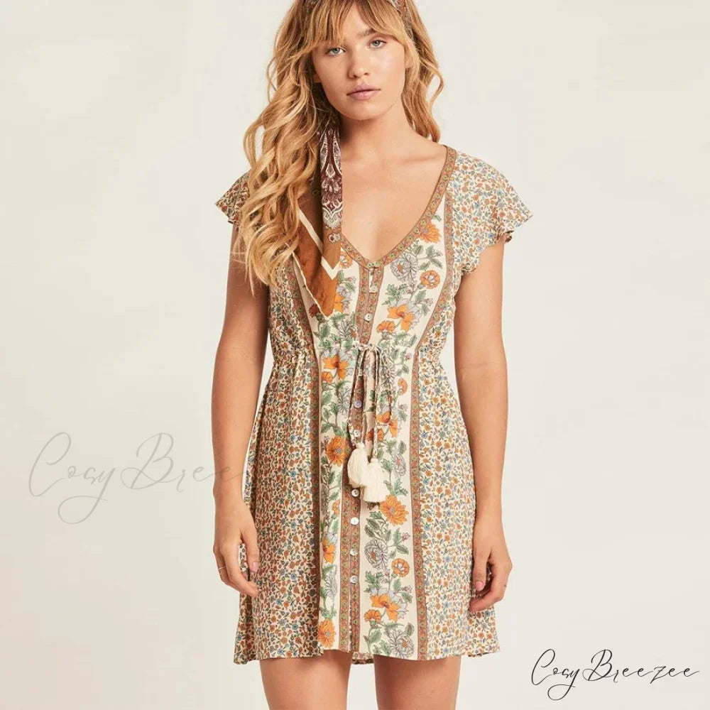 Red Floral Print Boho Mini Dress bohodress-250126