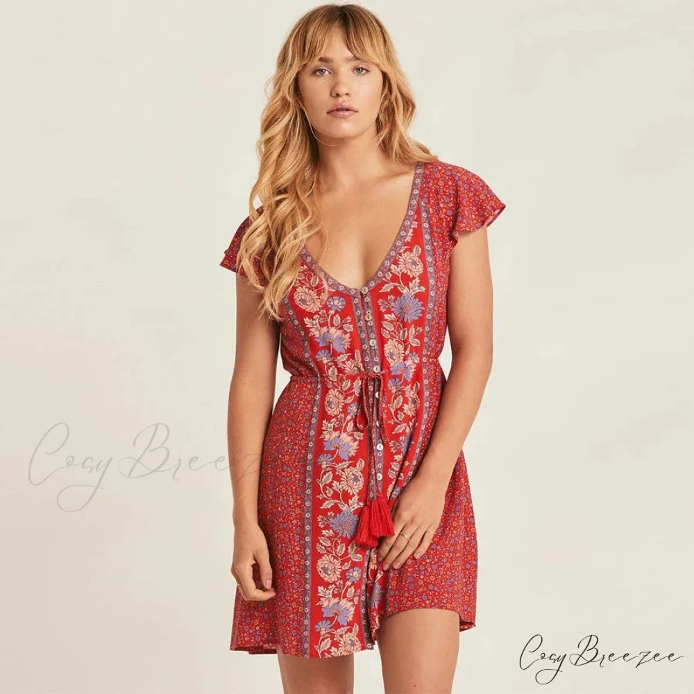 Red Floral Print Boho Mini Dress bohodress-250126