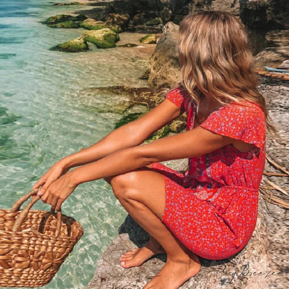 Red Floral Print Boho Mini Dress bohodress-250126