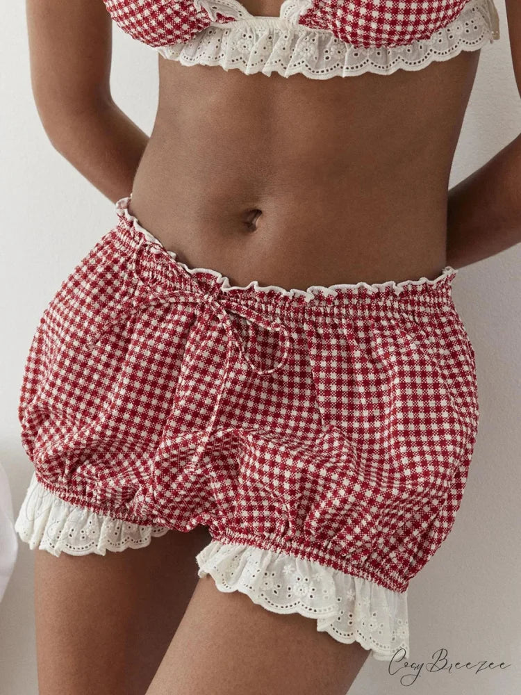 Red Gingham Lace Trim Bloomer Shorts Red / S short-250223