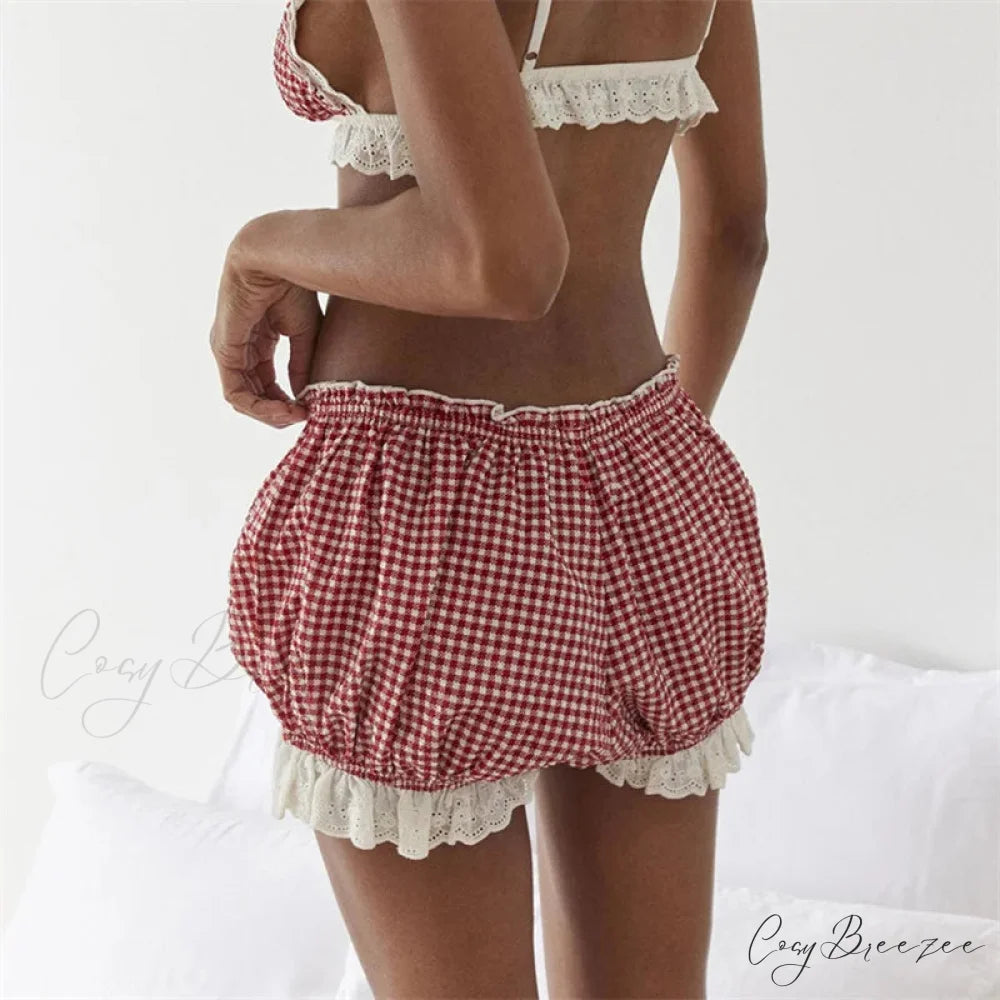 Red Gingham Lace Trim Bloomer Shorts short-250223