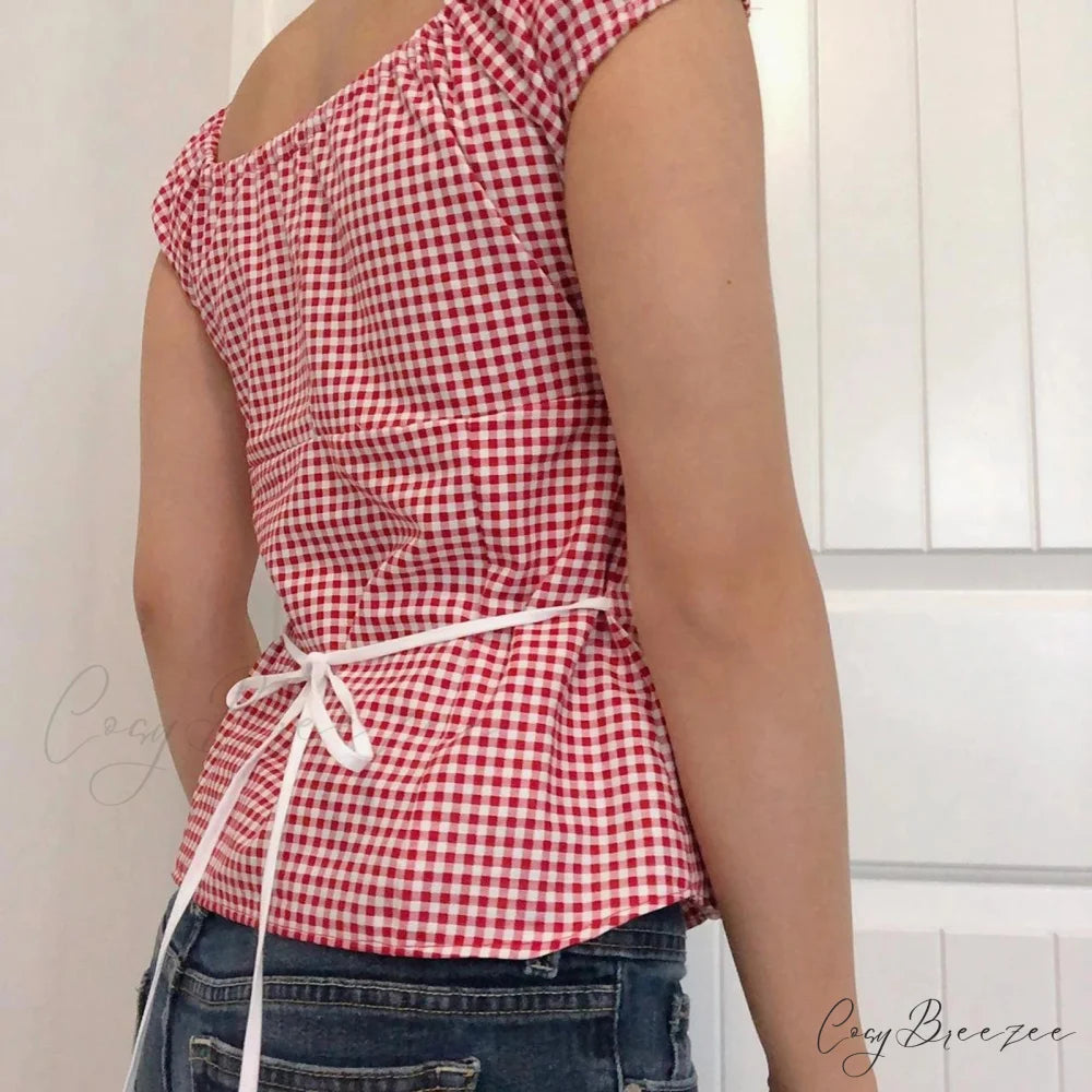Red Gingham Ruffled Crop Top croptop-250223