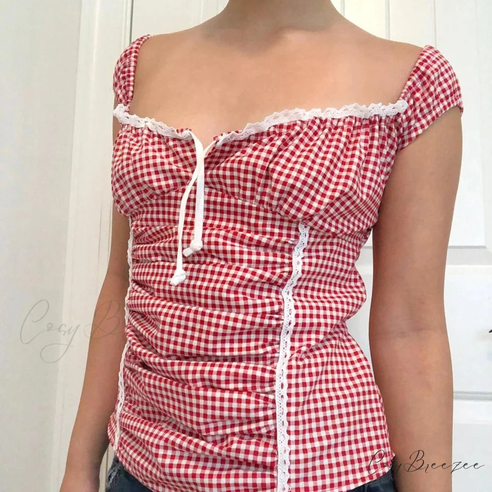 Red Gingham Ruffled Crop Top croptop-250223