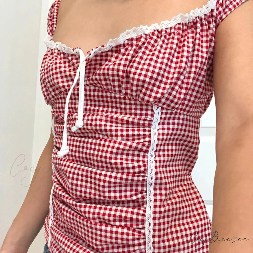 Red Gingham Ruffled Crop Top croptop-250223