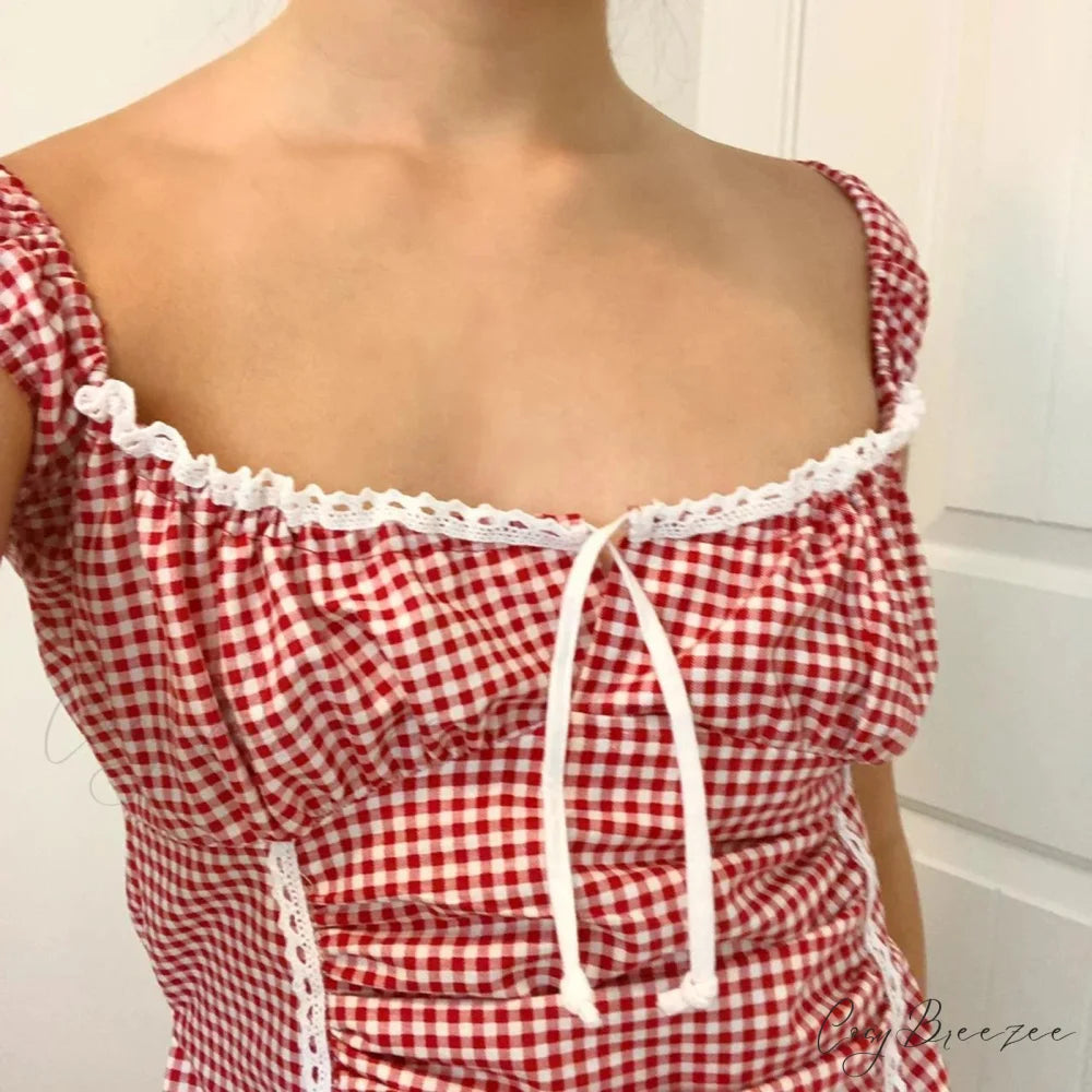 Red Gingham Ruffled Crop Top croptop-250223