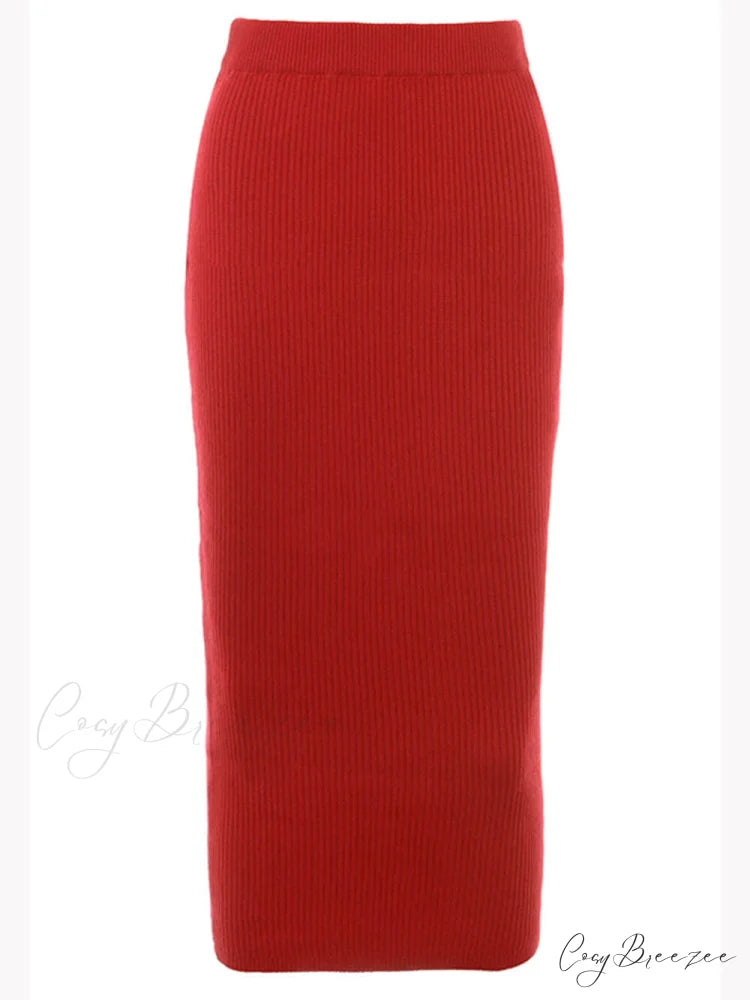 Red Knit-Blend Stylish Maxi Skirt