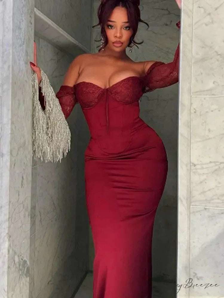 Red Lace Patchwork Split Party Dress