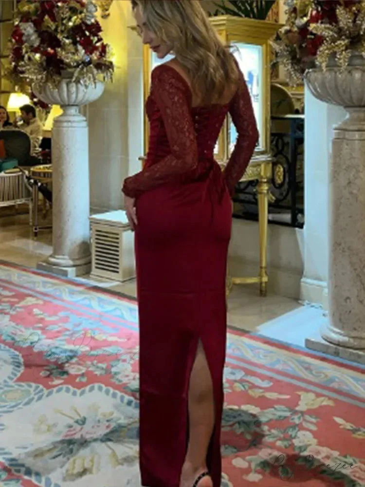 Red Lace Patchwork Split Party Dress