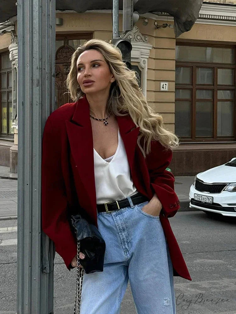 Red Lapel Single Button Blazer Coat